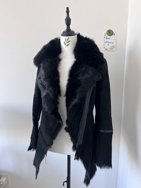 Black Real Suede Lamb Leather w Fox Fur Collar Moto Jacket XS